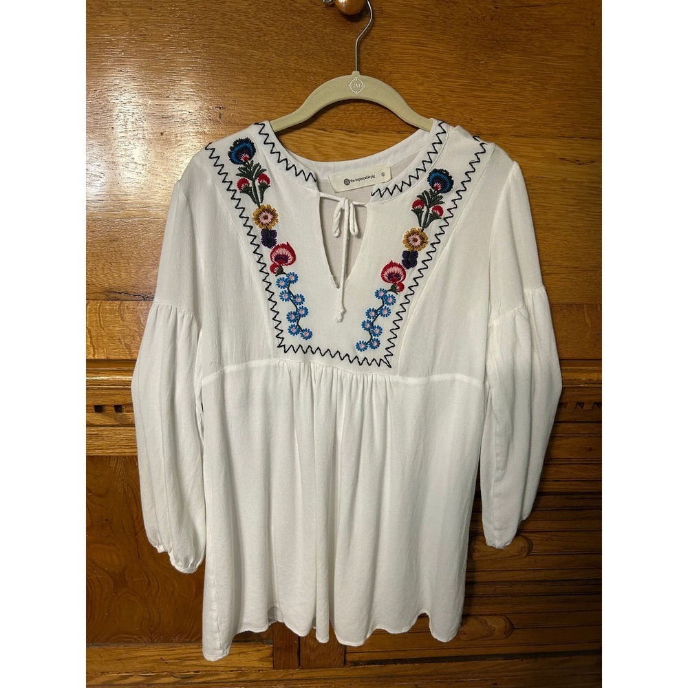 The Impeccable Pig Peasant White Floral Embroidered Babydoll Tunic Top Boho - Picture 2 of 13